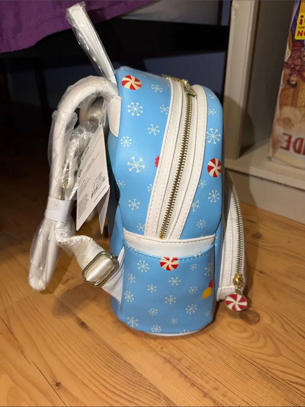 Loungefly Kids Light Blue Holiday Elf Mini Backpack with Green and Red Accents